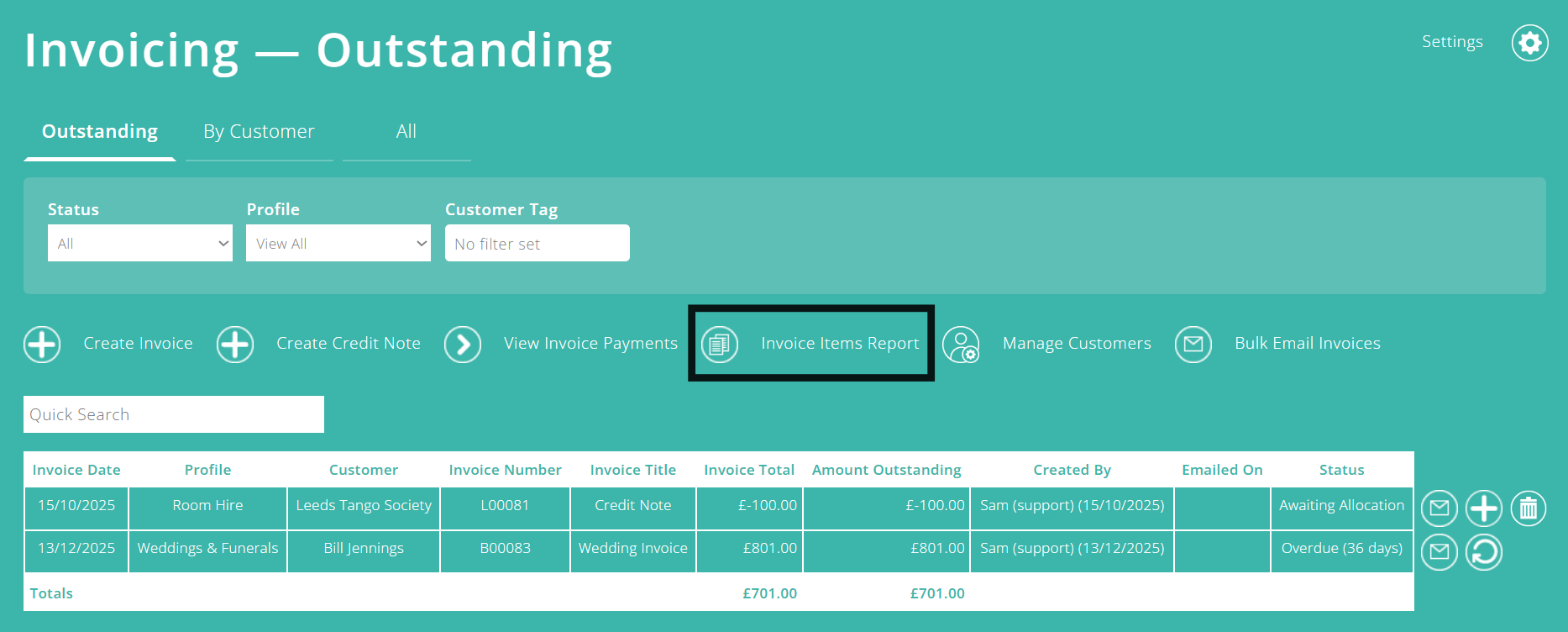 ExepsnePlus screenshot of the Invoicing screen, highlighting the 'Invoice Items Report' button