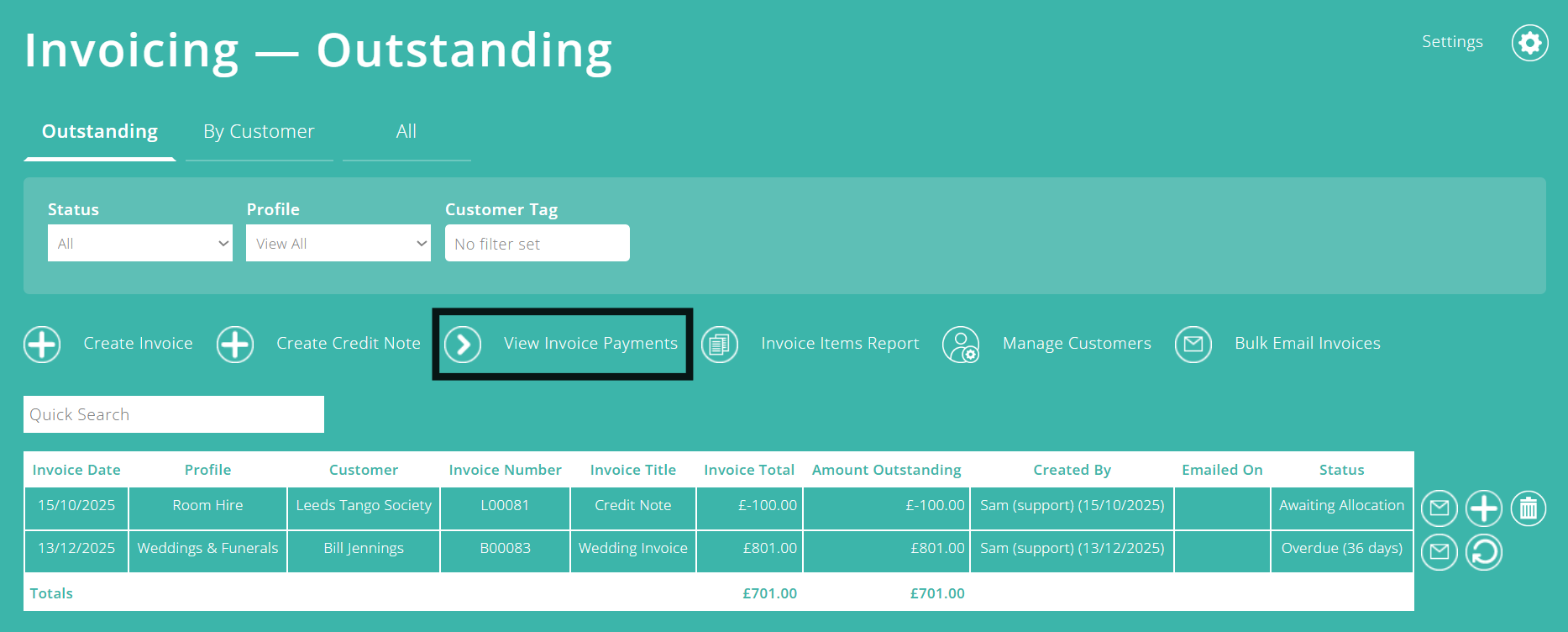 ExpensePlus screenshot of the Invoicing screen, with 'View Invoice payments' highlighted 