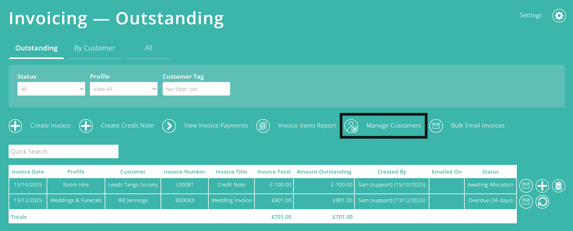 ExpensePlus screenshot of Invoicing screen, highlighting 'Manage Customers'