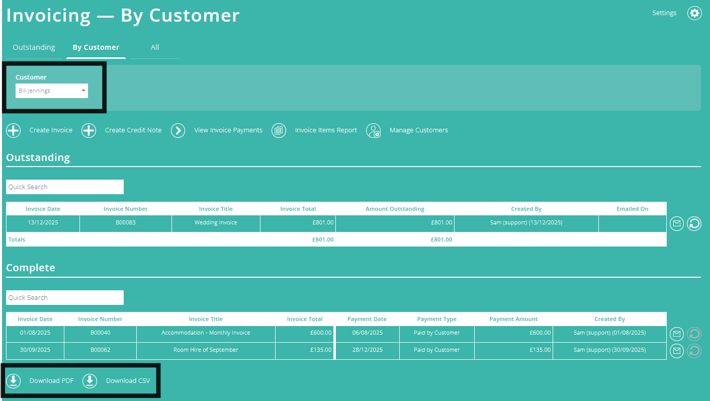 ExpensePlus screenshot of the 'Invoicing - by Customer' screen, highlighting the customer drop-down and the PDF and CSV download buttons