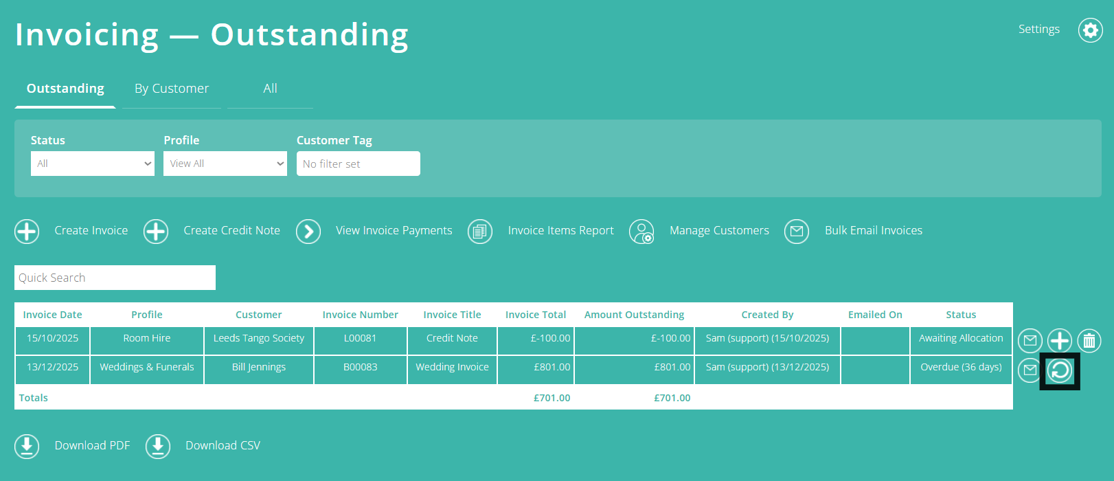 ExpensePlus screenshot of Invoicing screen, highlighting the 'Change Invoice Status' button