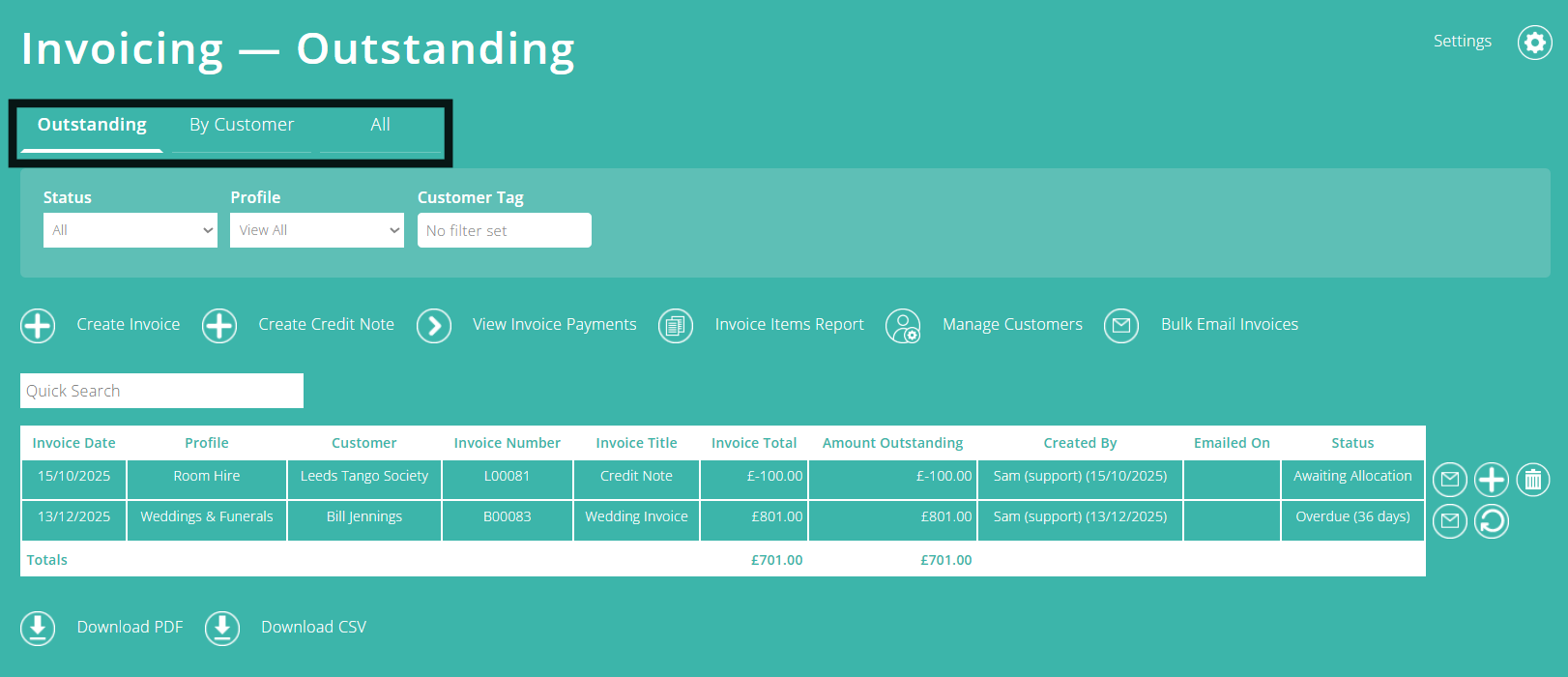 ExpensePlus screenshot of the Invoicing screen, highlighting the tabs at the top