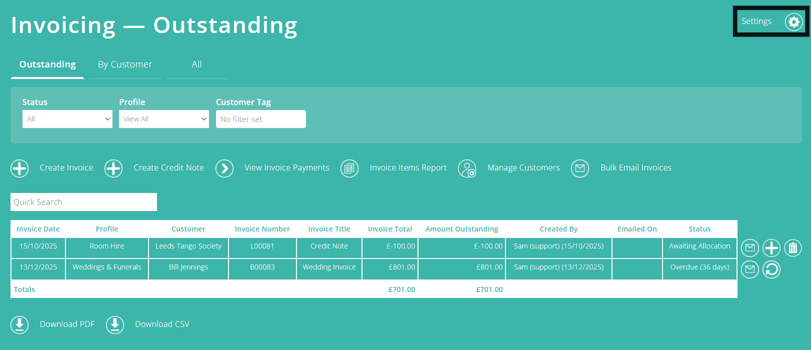 ExpensePlus screenshot of the Invoicing screen, highlighting the 'Settings' button