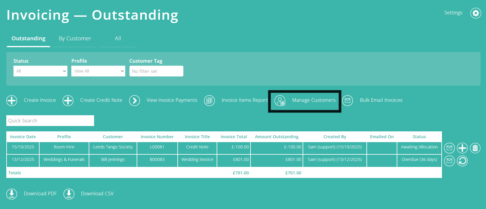 ExpensePlus screenshot of the Invoicing screen, highlighting the 'Manage Customers' button