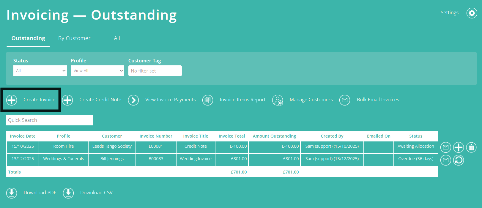 ExpensePlus screenshot of the 'Invoicing' screen, highlighting the 'Create Invoice' button