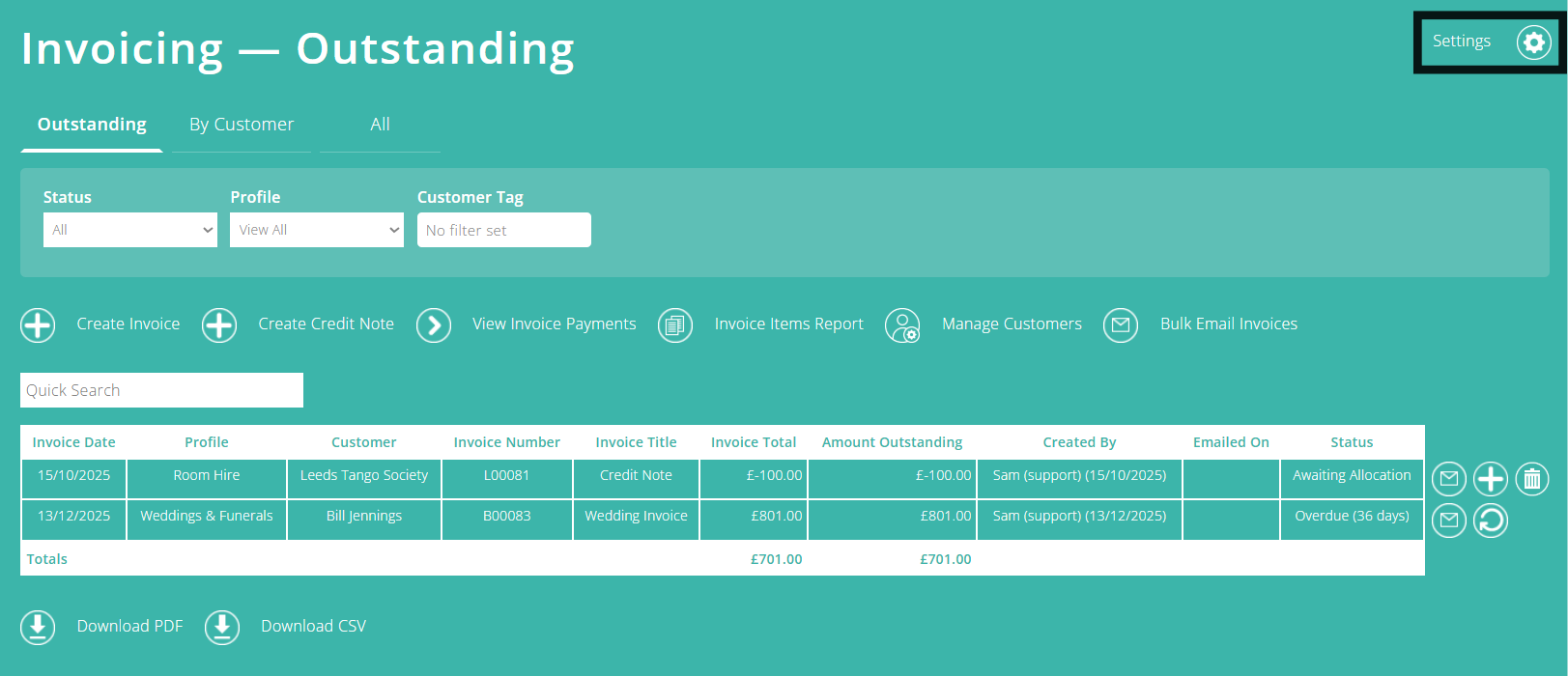 ExpensePlus screenshot of the Invoicing screen, highlighting the 'Settings' button