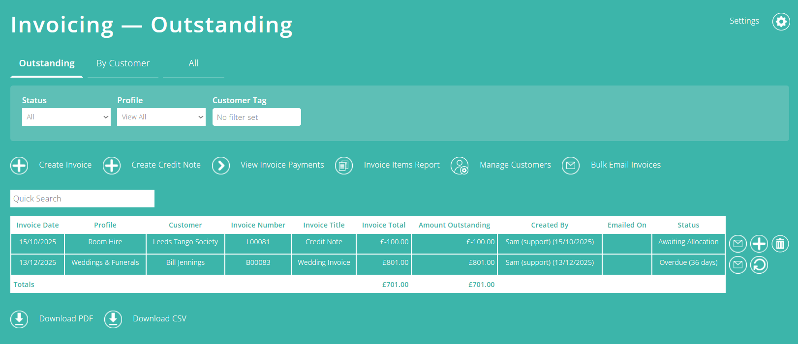 ExpensePlus screenshot of outstanding invoices screen