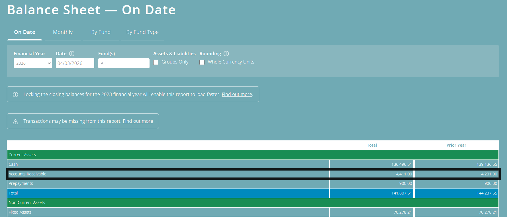 ExpensePlus screenshot showing accounts receivable line of Balance sheet.