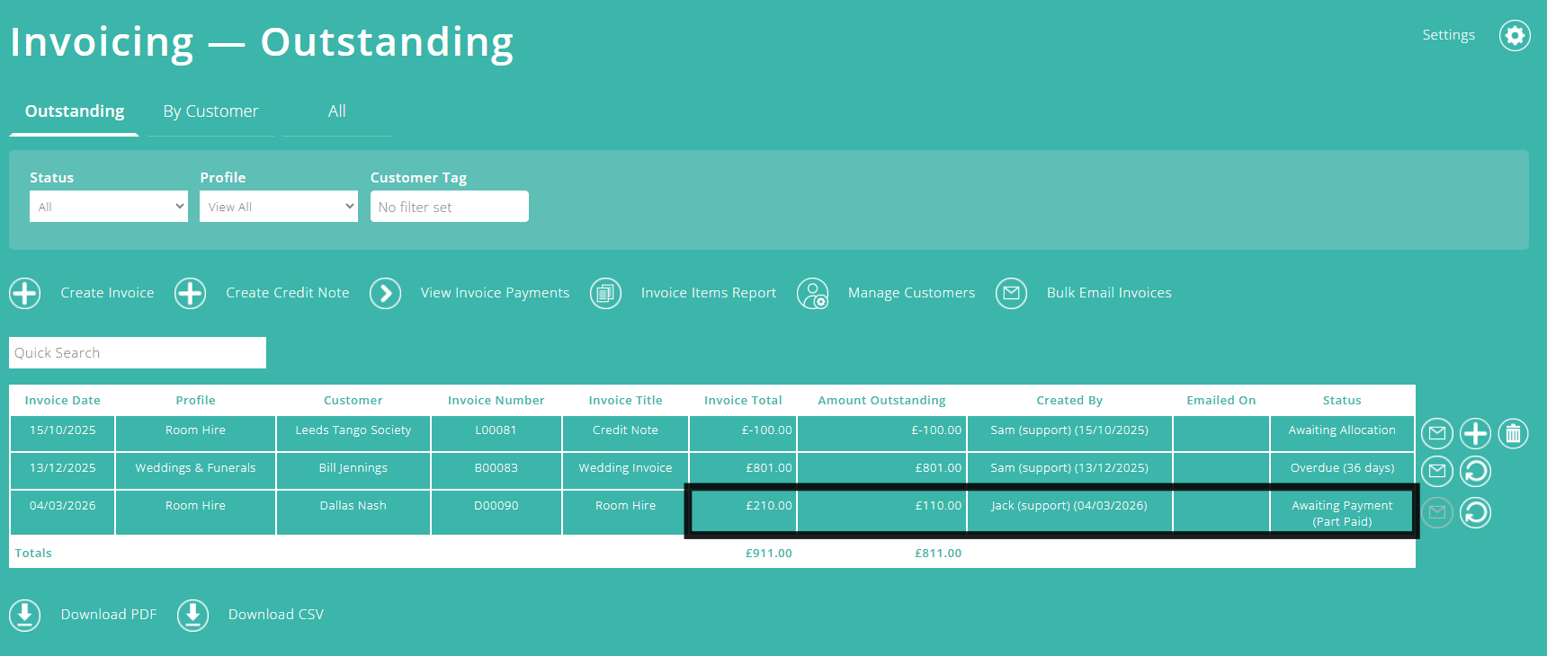 ExpensePlus screenshot highlighting an invoice that's received a part payment against its total balance