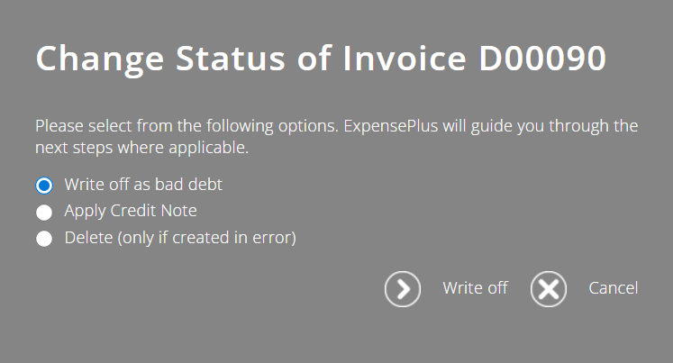 ExpensePlus screenshot of 'Change Status of Invoice' pop-up