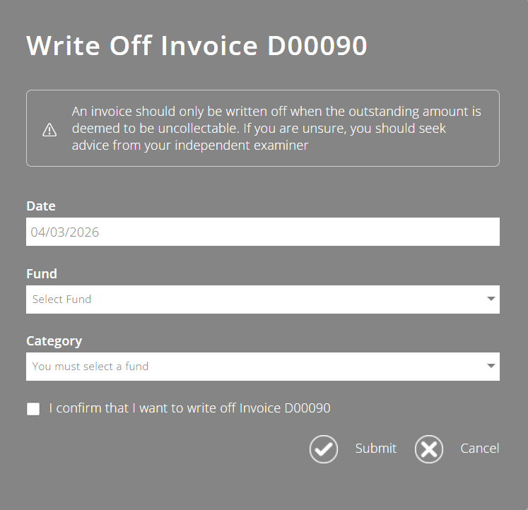 ExpensePlus screenshot of 'Write Off Invoice' pop-up