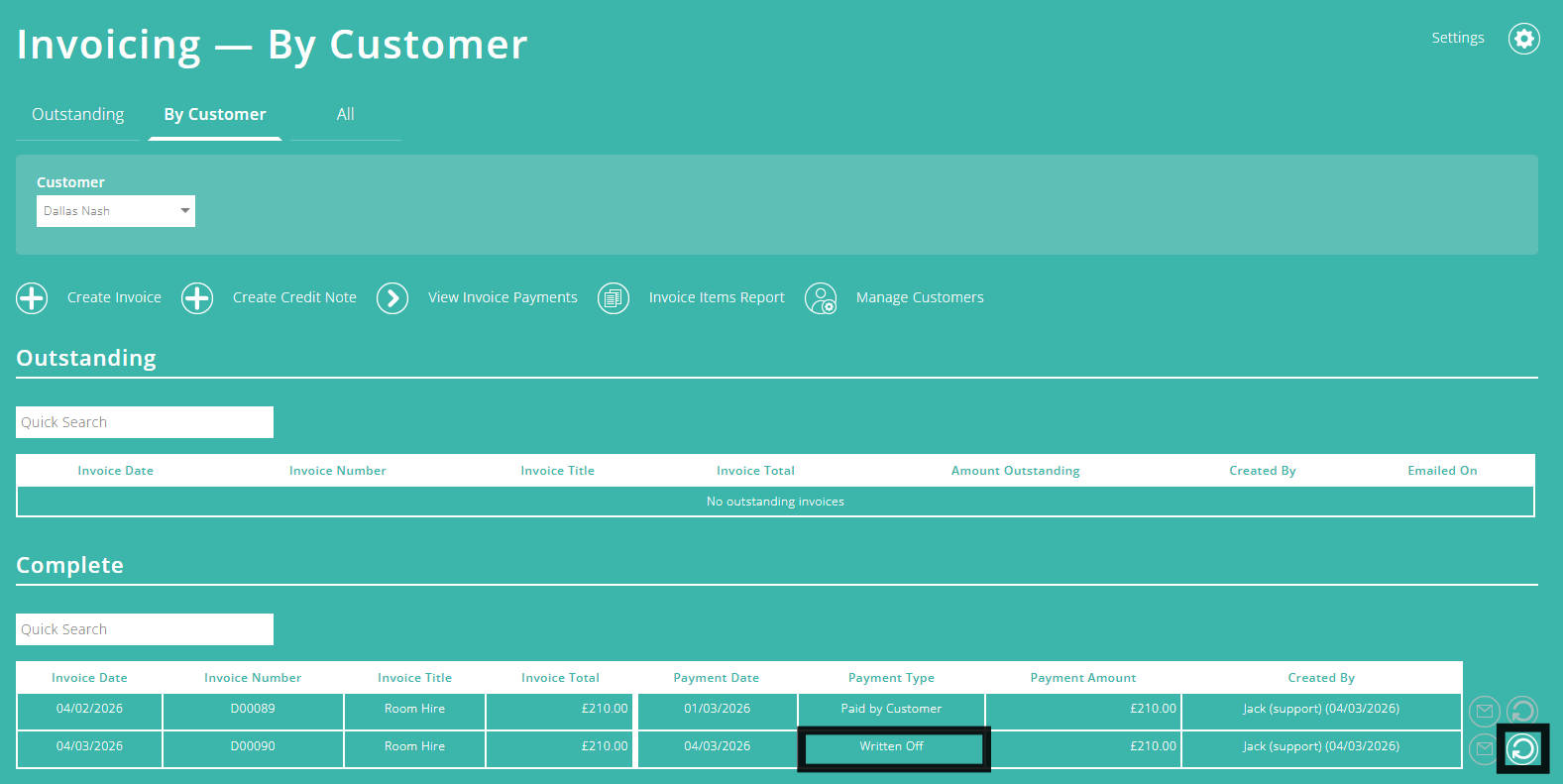 ExpensePlus screenshot of Invoicing module, highlighting the 'Change Invoice status' button for a written off invoice