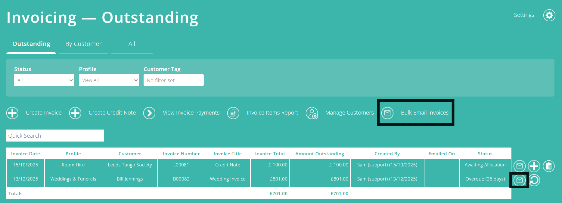 ExpensePlus Invoicing - Outstanding screen highlighting the email button and Bulk Email Invoices button