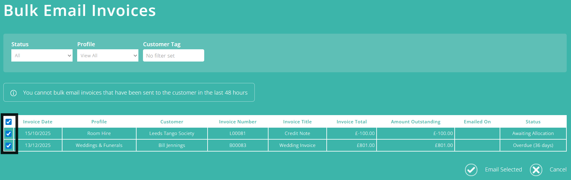 ExpensePlus Bulk Email Invoices screen