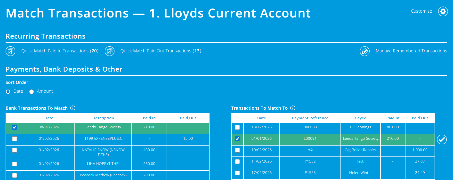ExpensePlus screenshot of the Bank Matching screen, showing a matched bank transaction and invoice with the 'tick' button highlighted