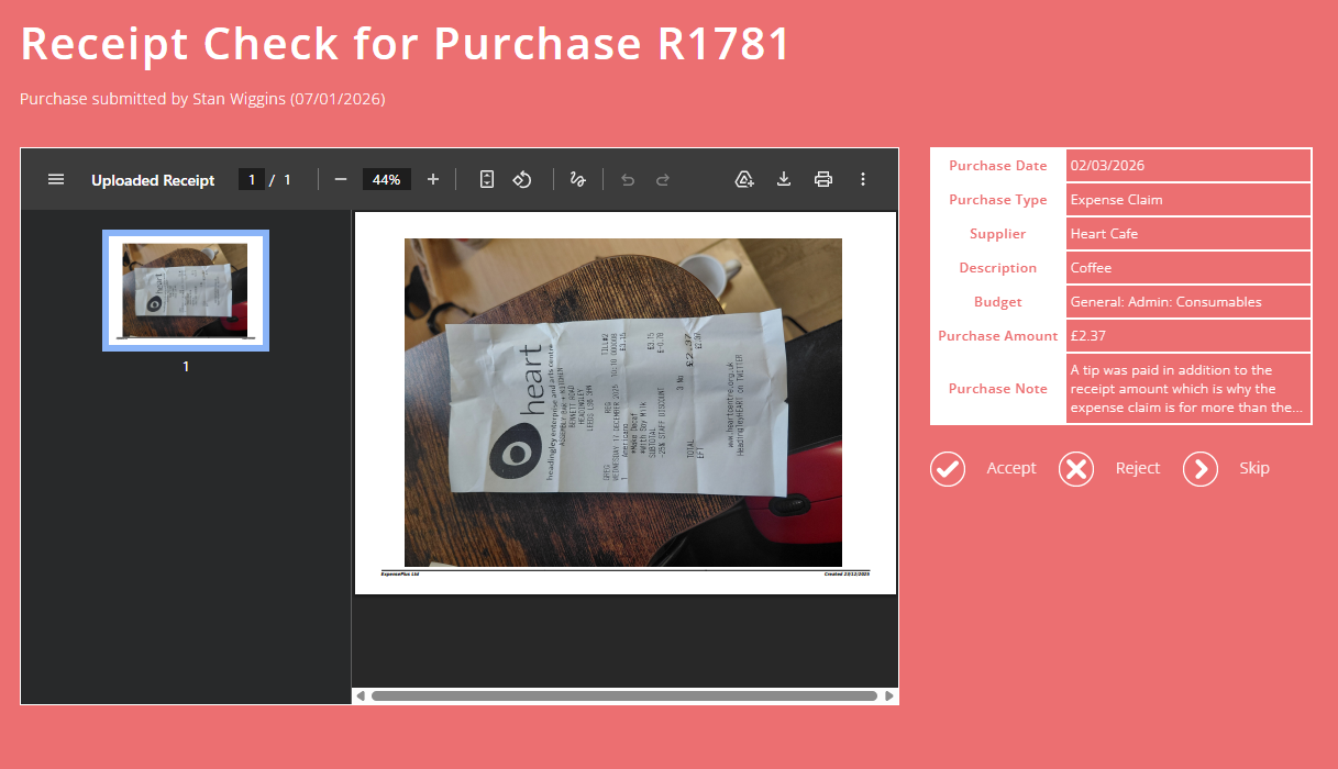 ExpensePlus Receipt Check screen showing a train ticket and the purchase details