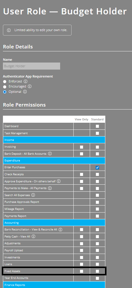 ExpensePlus User Role settings screen highlighting the fixed assets permission row