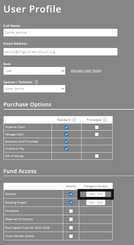 ExpensePlus User Profile screen highlighting a fund this user has access to