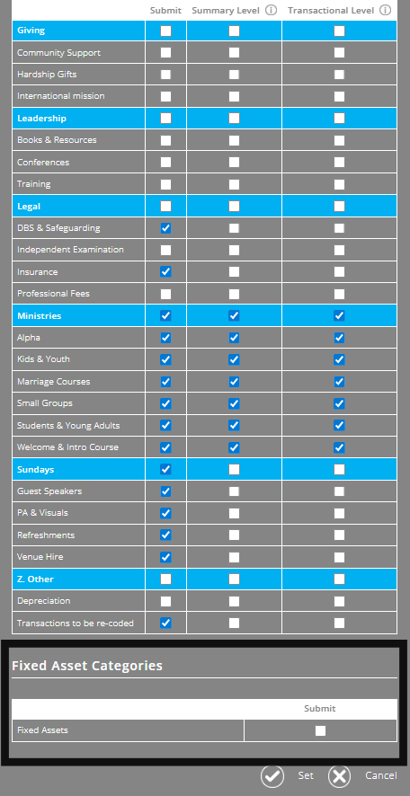 ExpensePlus screenshot of the categories a user has access to within a fund, highlighting the fixed assets categories section