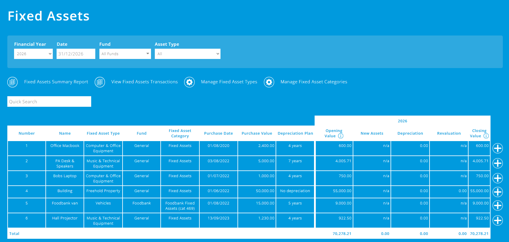 ExpensePlus Fixed Assets screen