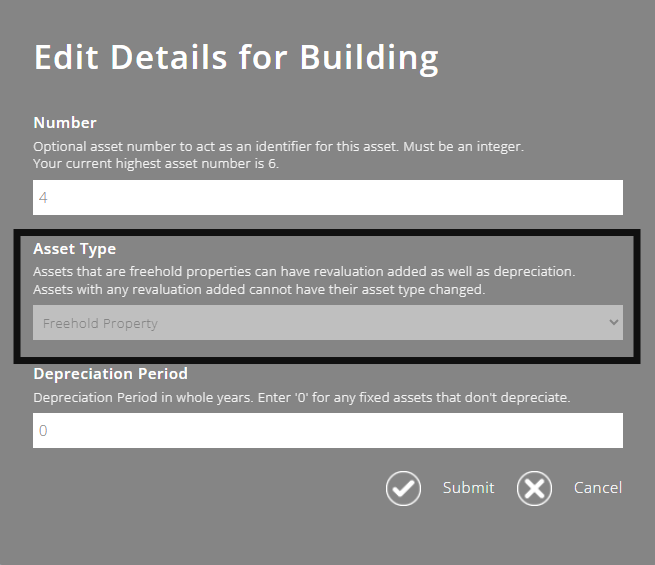 ExpensePlus Edit Details for a Fixed Asset screen highlighting the Asset Type field