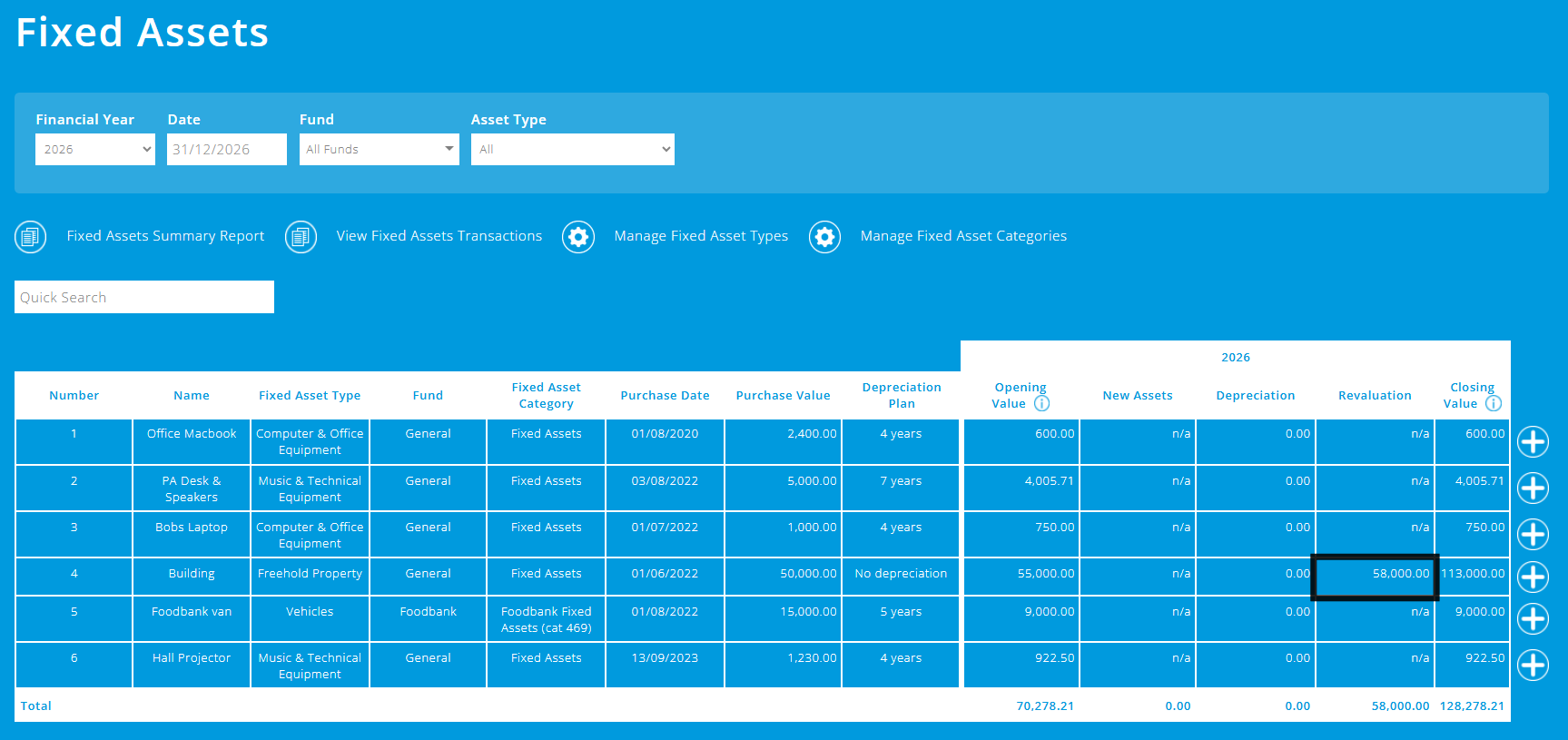 ExpensePlus Fixed Assets screen highlighting the Revaluation appearing on screen