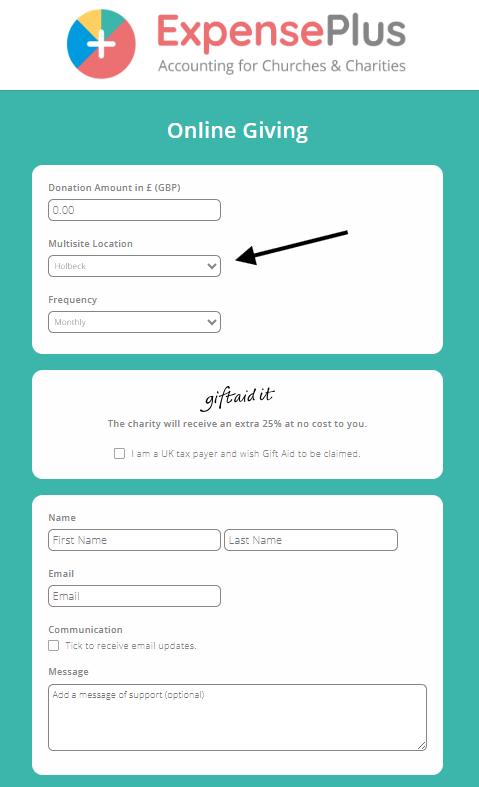 LoveGiving donation page highlighting the Multisite Location drop down menu