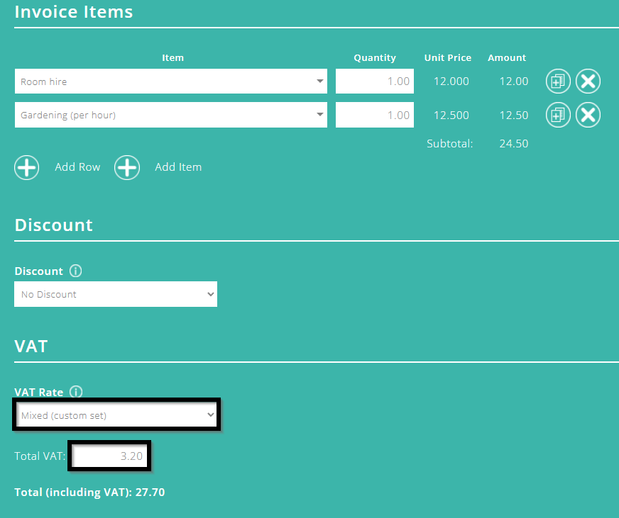 ExpensePlus customer invoice with Mixed  custom set VAT amount