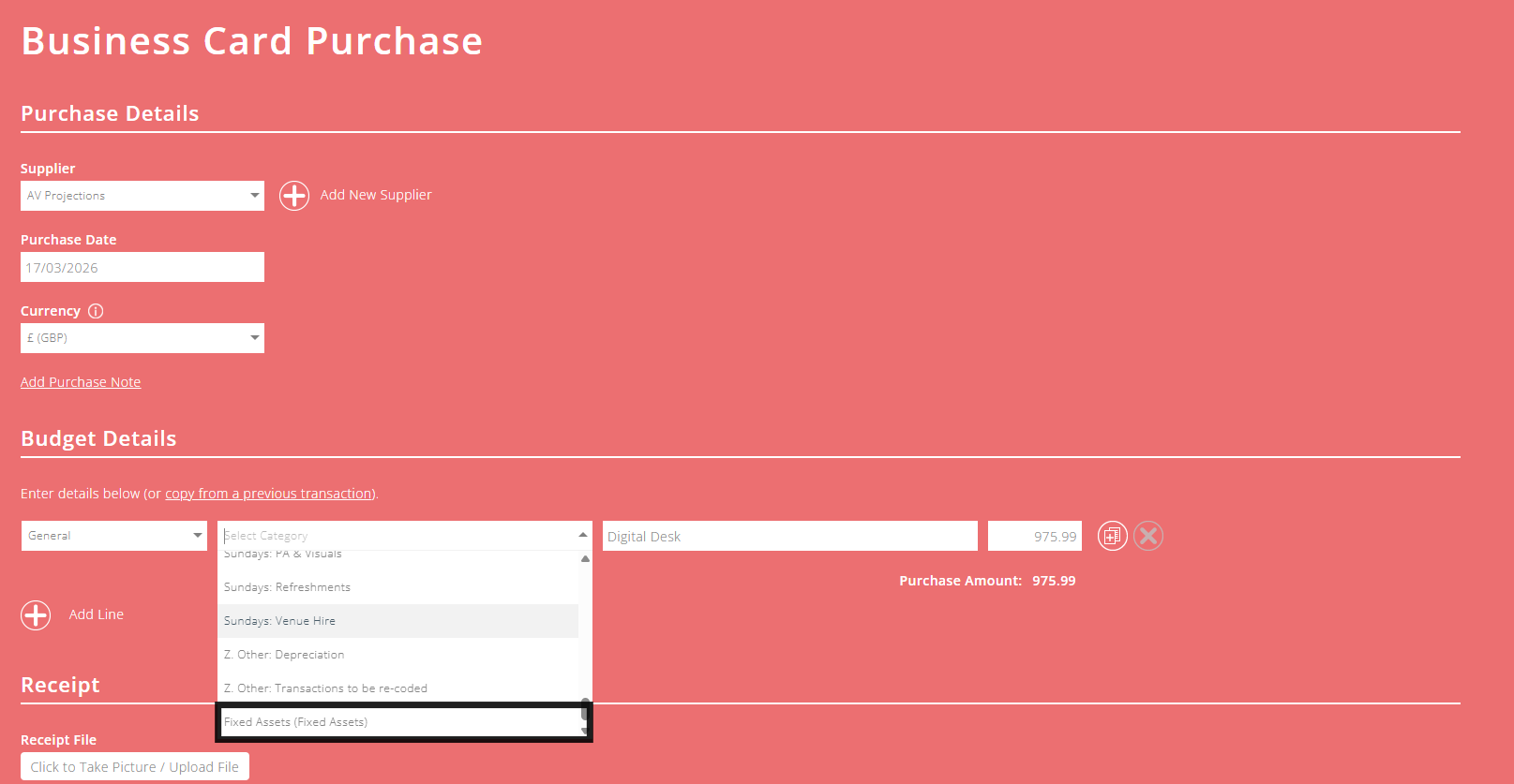 ExpensePlus Business Card Purchase screen highlighting a Fixed Asset category in the category dropdown menu