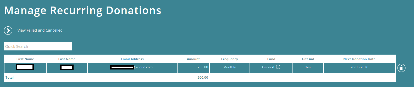 ExpensePlus Manage Recurring Donations screen