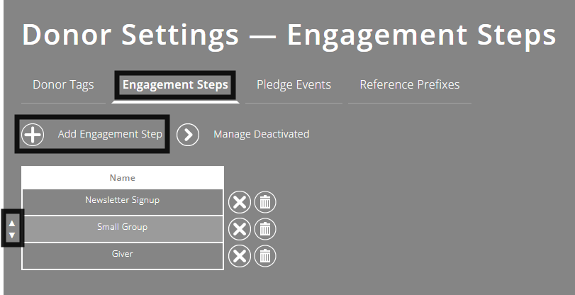 ExpensePlus Donor Settings screen highlighting the Engagement Steps view, the Add Engagement icon and the arrows that move the order of existing engagement steps