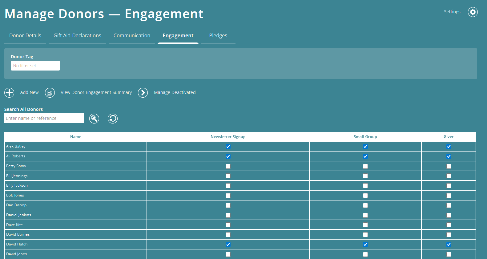 ExpensePlus Manage Donors - Engagement screen