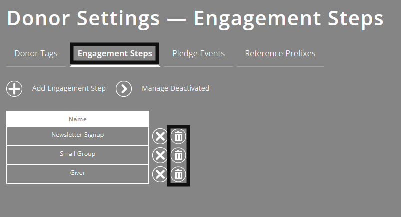 ExpensePlus Donor Settings Engagement Steps screen highlighting the delete button