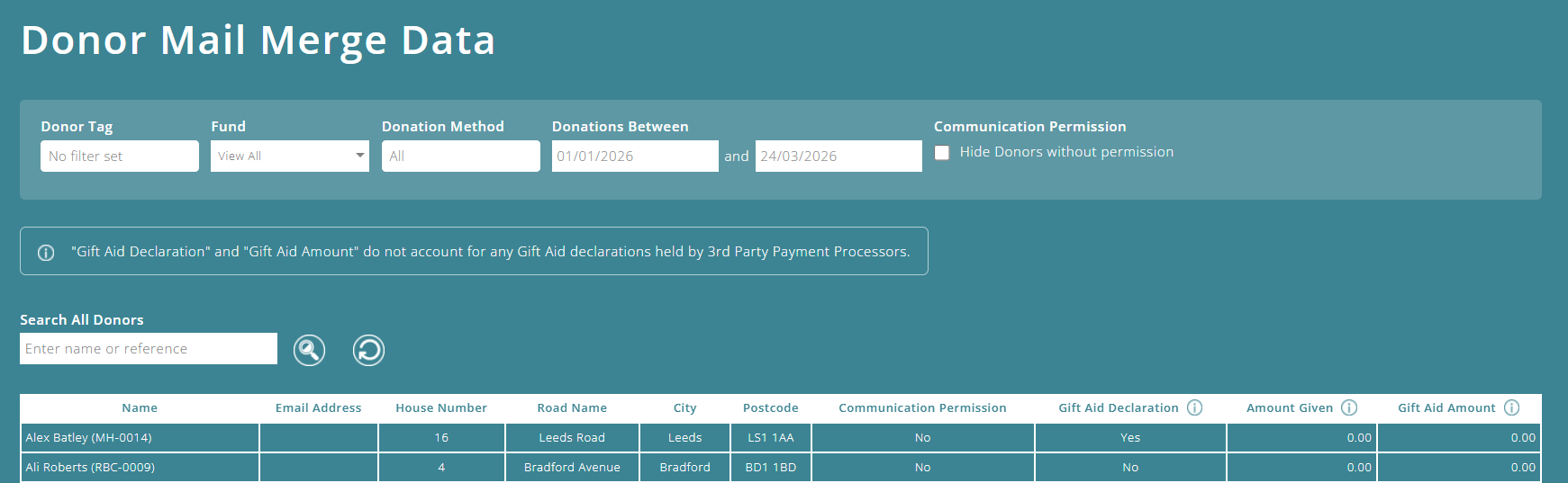 ExpensePlus Donor Mail Merge Data report