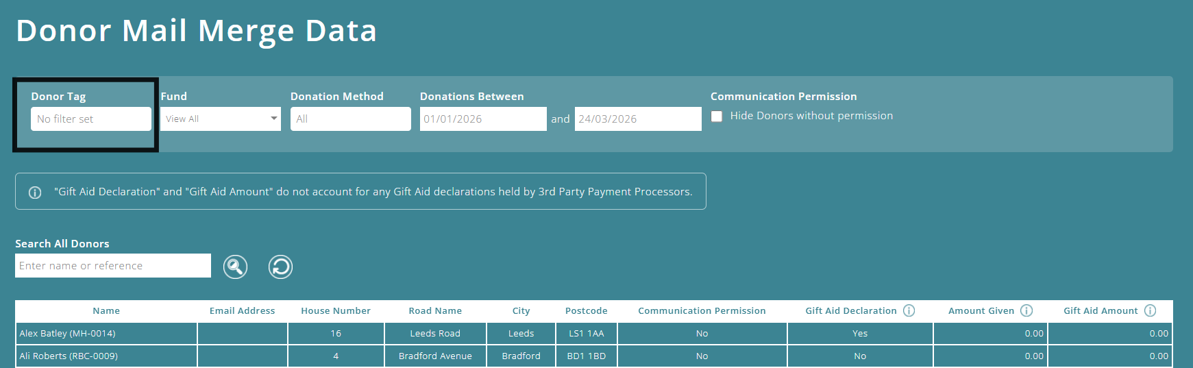 ExpensePlus Donor Mail Merge Data report highlighting the Donor Tag filter