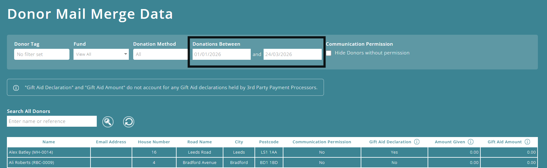 ExpensePlus Donor Mail Merge Data report highlighting the Donations Between filter