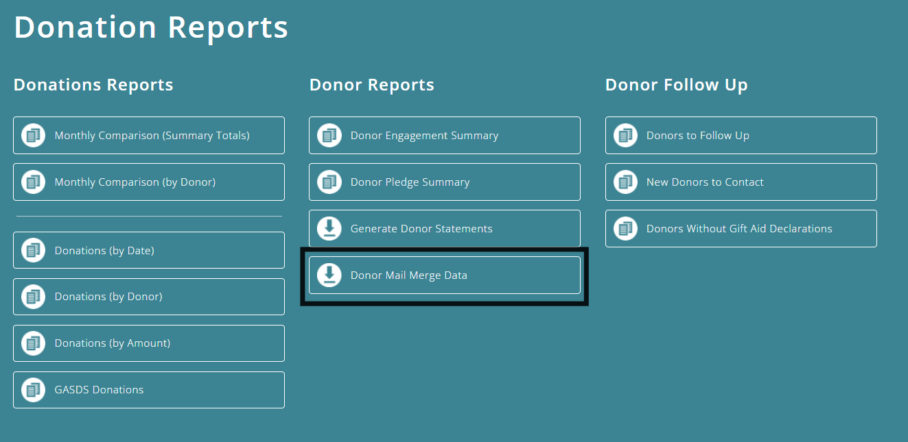 ExpensePlus Donation Reports screen highlighting the Donor Mail Merge Data report