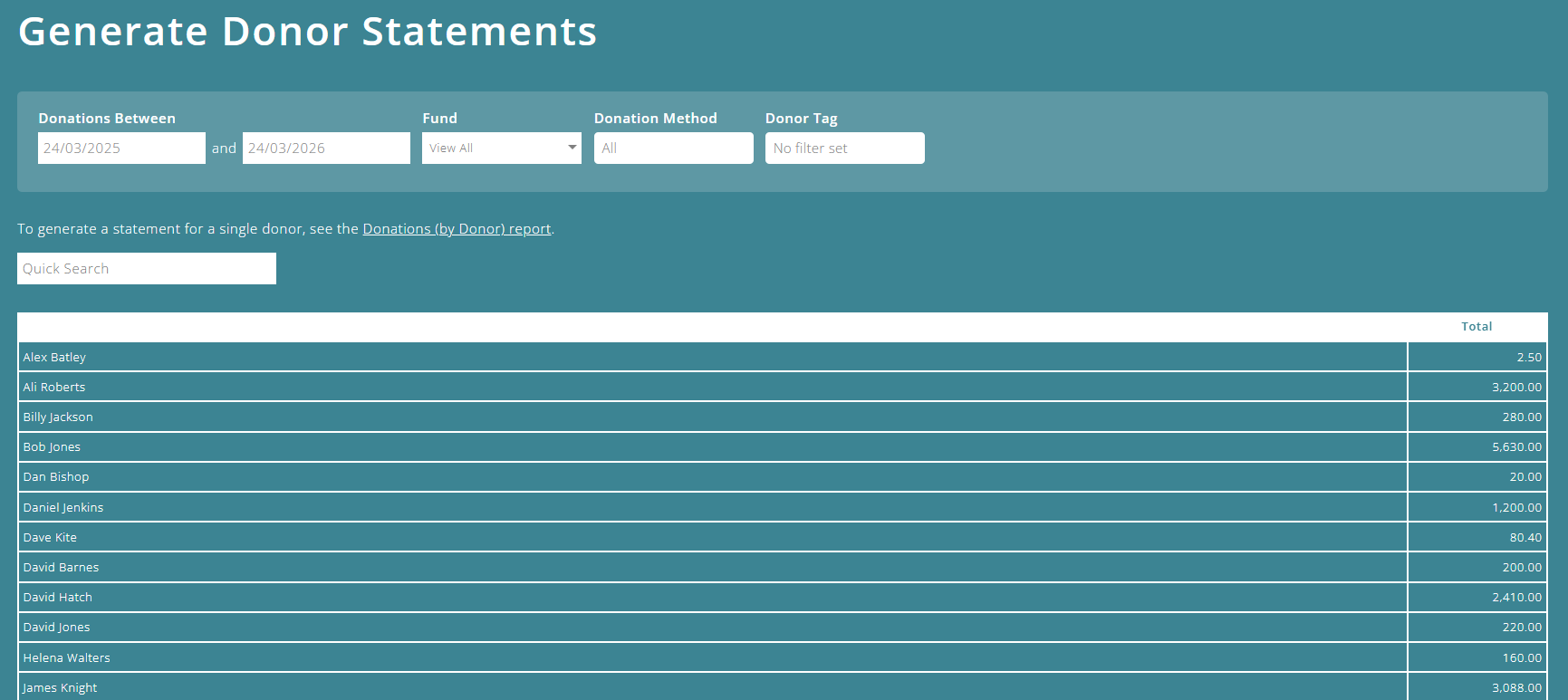 ExpensePlus Generate Donor Statements screen