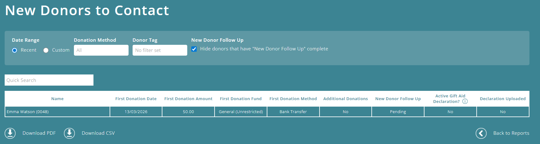 ExpensePlus New Donors to Contact screen