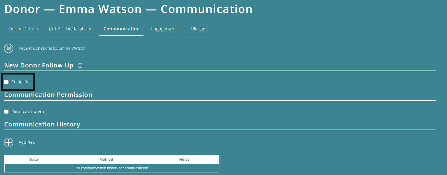 ExpensePlus Donor Communication screen highlighting the New Donor Follow Up Complete tick box