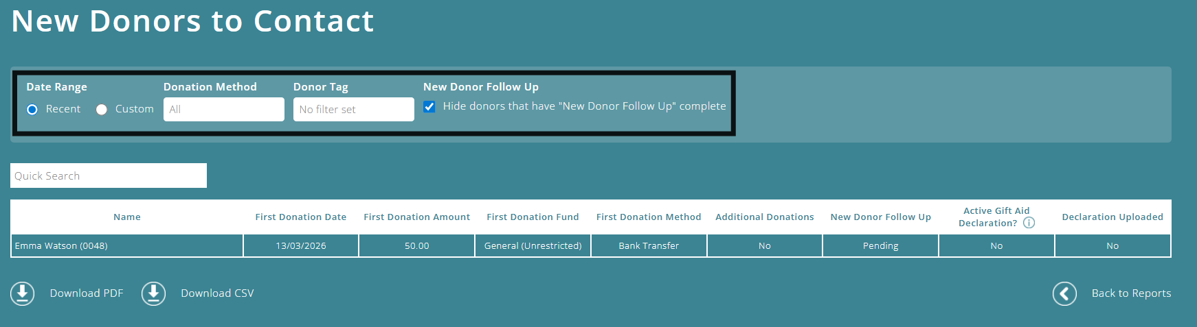 ExpensePlus New Donors to Contact screen highlighting the filters available