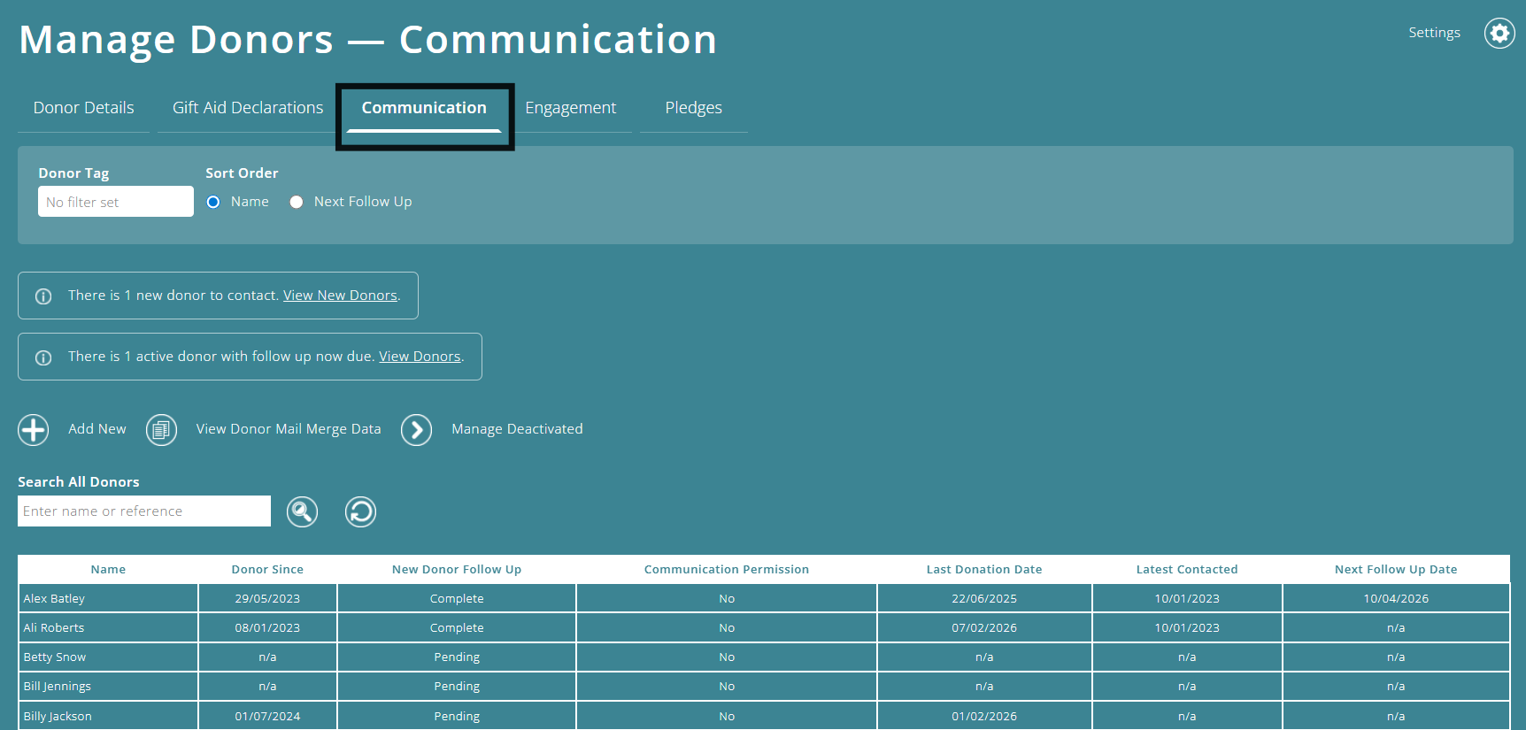 ExpensePlus Manage Donors screen highlighting the Communication tab