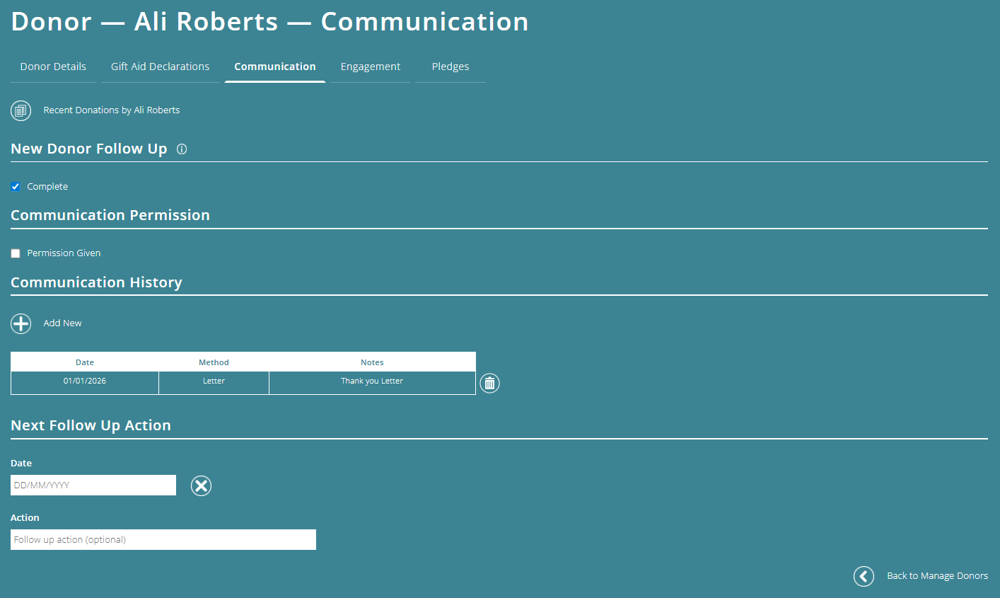 ExpensePlus individual donor's communication information screen