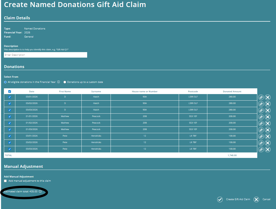 ExpensePlus screenshot of the 'Create Gift Aid Claim' screen, highlighting the estimated claim total at the bottom of the page