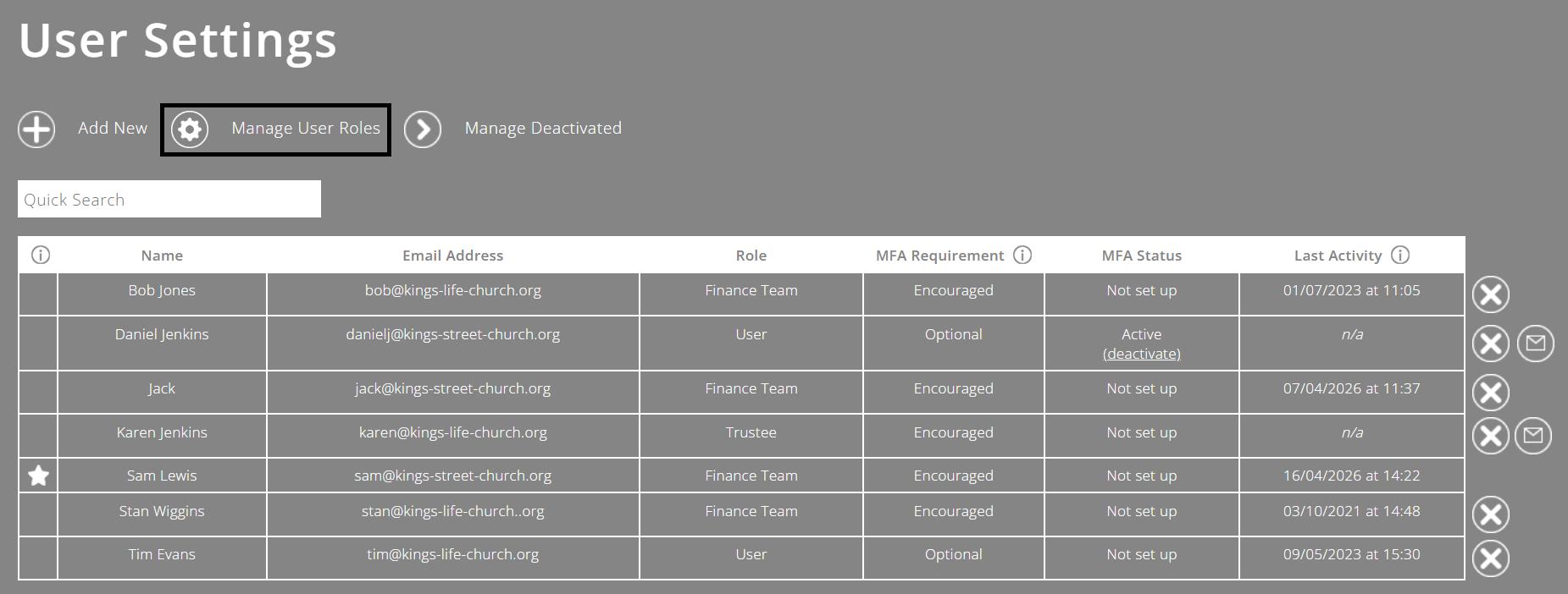 ExpensePlus User Settings screen highlighting the Manage User Roles icon