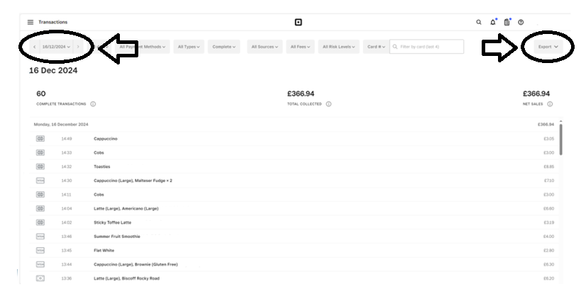 Square screenshot, highlighting the date range selection box, and 'Export' button