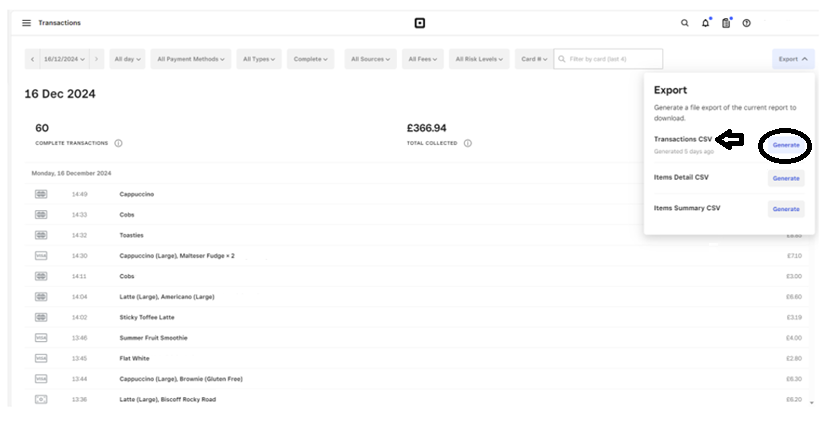 Square screenshot, highlighting the 'Generate' button next to 'Transactions CSV'