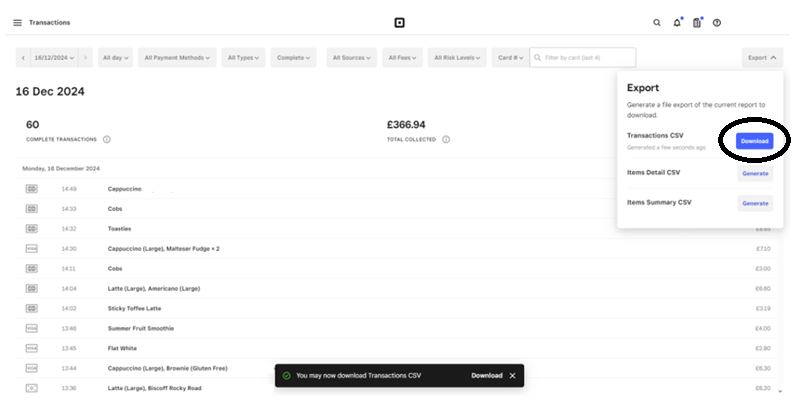 Square screenshot, highlighting the 'Download' button that will appear next to the 'Transactions CSV' option