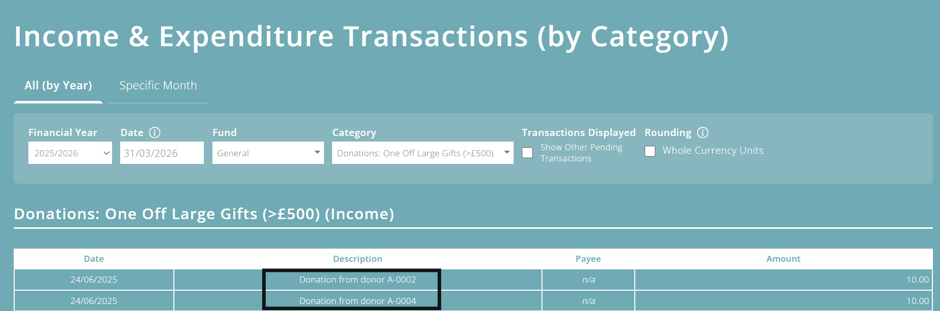 ExpensePlus screenshot, displaying donor reference number instead of donor name