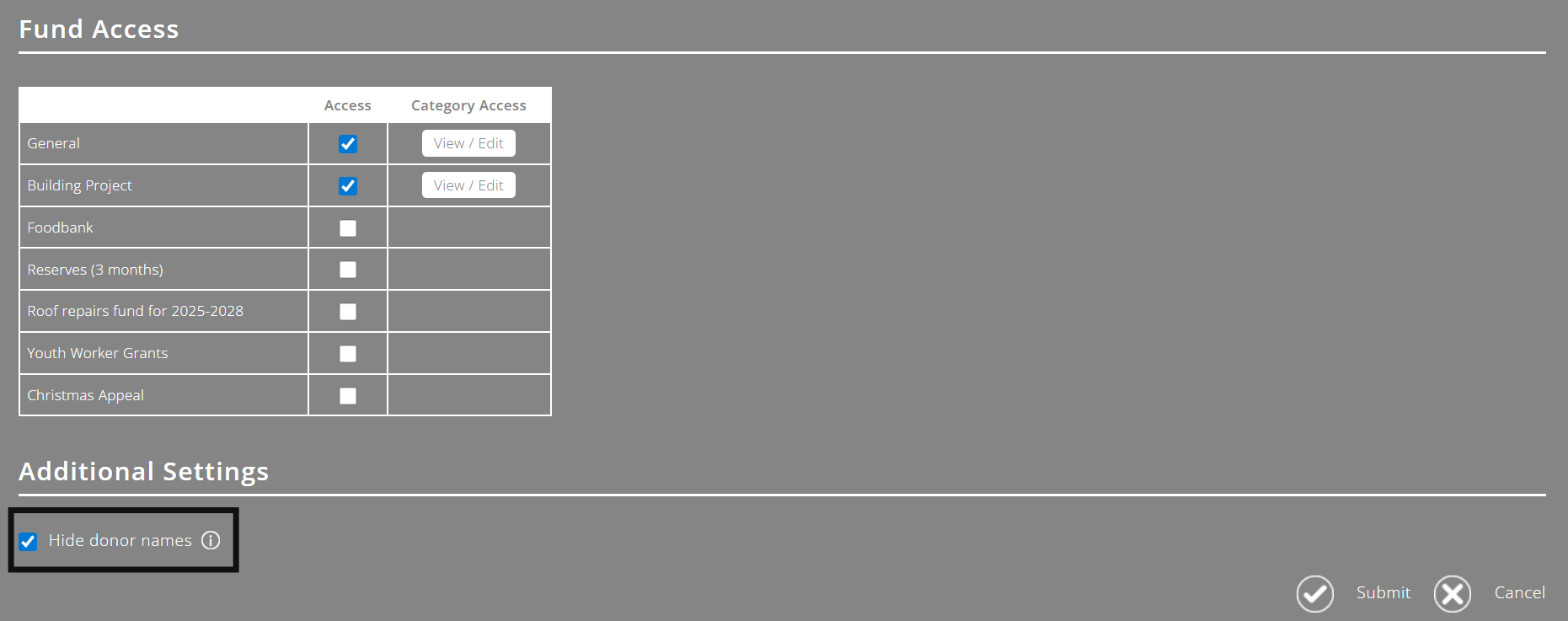 ExpensePlus screenshot of a user's User Profile, with 'Hide donor names' highlighted